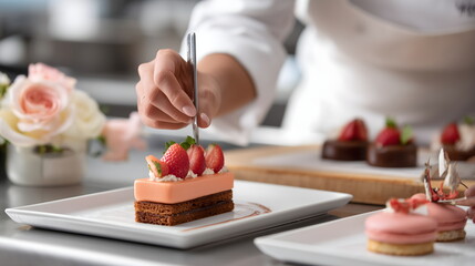 Pastry chef decorating dessert with strawberries in modern kitchen  