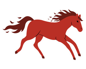 Running horse in rich brown color with flowing mane in a simple graphic design style