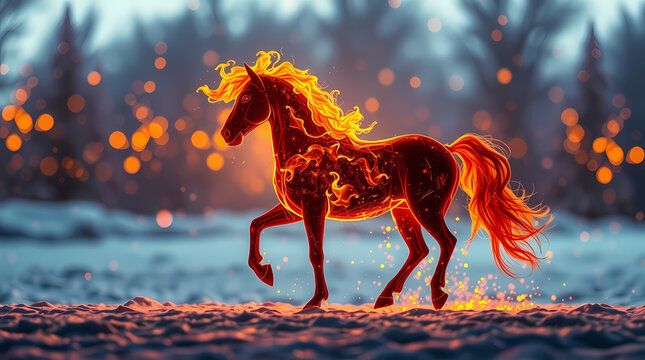 Abstract picture of a fiery horse against the background of an evening winter forest, symbol of 2026.