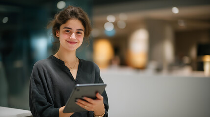 A medical clinic reception desk where a friendly staff member helps a patient fill out a digital form on a tablet — healthcare customer service, modern check-in systems, and patient-centered care.