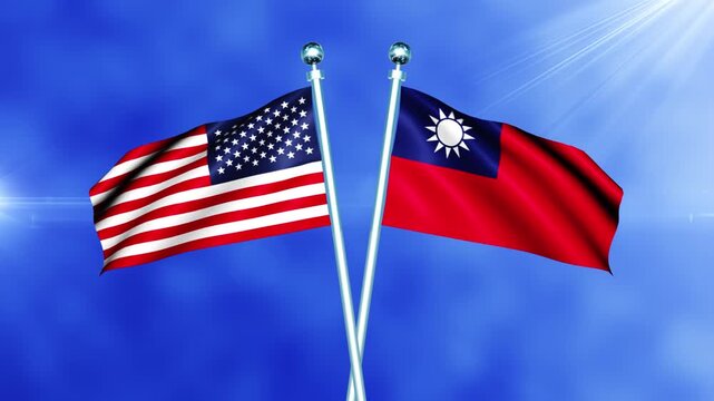 USA and Taiwan Flag Waving On Pole Loop