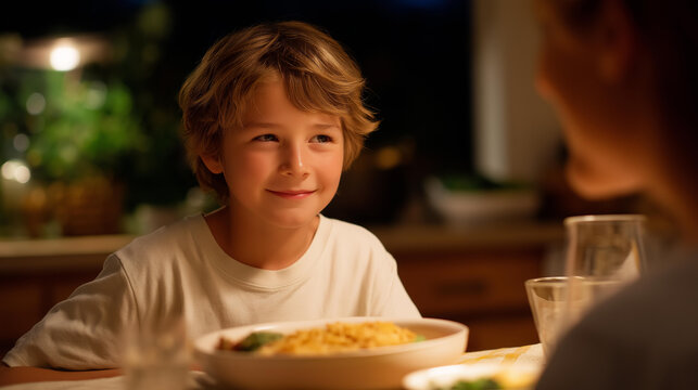 A single parent quietly skipping dinner so their child can have the last warm meal, sitting at the edge of the table with a tired but loving smile — emotional family sacrifice, hardship, and