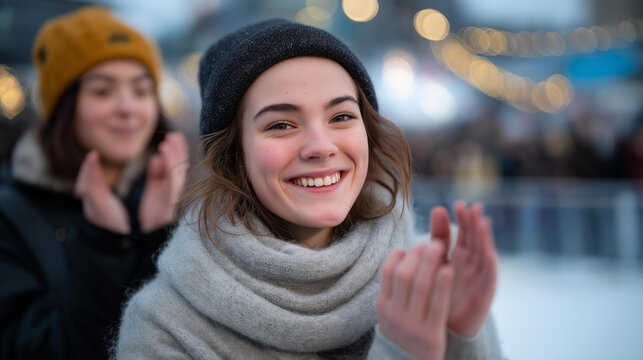 At a freezing outdoor rink, ice hockey fans wrapped in thick scarves cheer and stomp their feet, breath visible in the cold air — visualizing resilience, dedication, and wintertime passion for