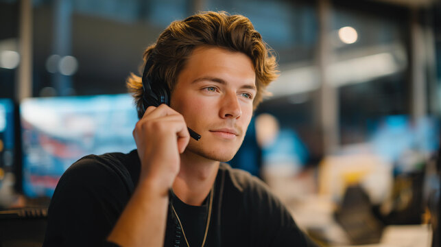 A dispatch manager juggling phone calls, radio communication, and instant messages while reviewing urgent scheduling changes — multitasking under pressure, fast-paced operations, and high-level