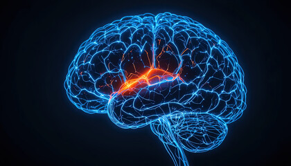 Vibrant futuristic brain scan visualization for AI research or neurology projects, showcasing neural networks and cognitive processes with dynamic energy