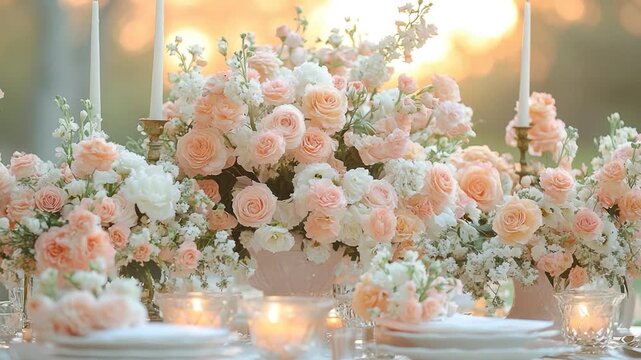 A decorative table setup with a vase of flowers surrounded by candles, perfect for a dinner party or special occasion