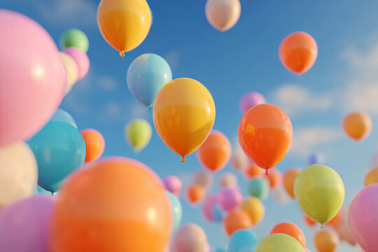 Many vibrant balloons of various colors float freely against a bright blue sky on a clear day creating a festive scene full of joy and lightness