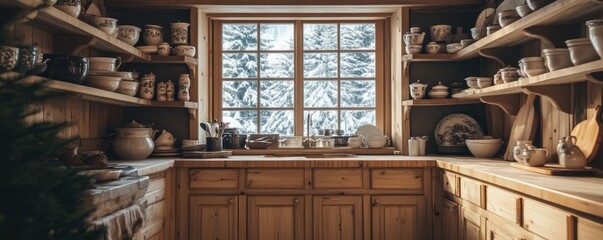 Promote cozy chalet kitchen interior with warm winter atmosphere