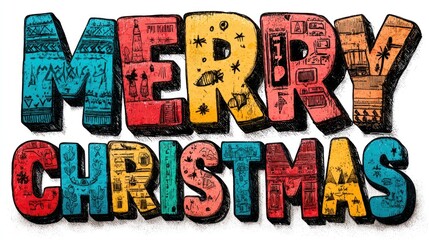 Stylized, colorful "Merry Christmas" typography with illustrated fillings
