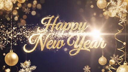 Festive Happy New Year Celebration with Glittering Ornaments and Snowflakes