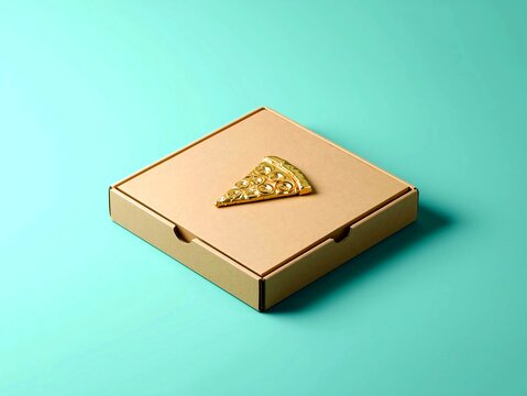 A golden pizza slice pin rests on a closed, square cardboard pizza box against a teal background.