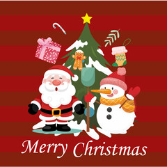 christmas card with santa claus and snowman