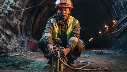 Female Worker Wearing Safety Helmet and Reflective Vest Inside Tunnel Construction Site