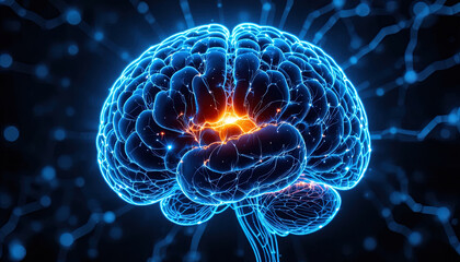 Brilliant human brain illuminated with glowing neural networks for science, technology, and futuristic concepts, sparking innovation and ideas