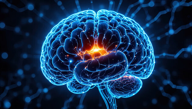 Brilliant human brain illuminated with glowing neural networks for science, technology, and futuristic concepts, sparking innovation and ideas