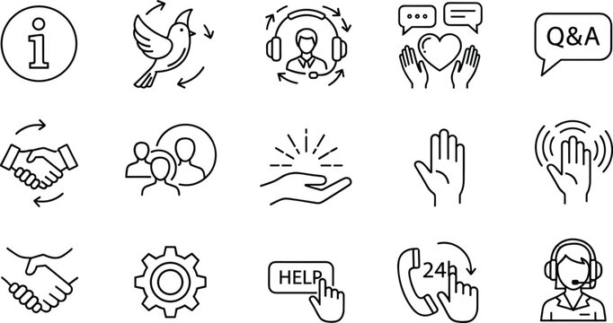 Customer Support and Communication Vector Line Icons Set, including Handshake, Information, Teamwork, Help, Q&A, and 24-Hour Service Concepts