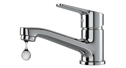 Chrome modern faucet with single water droplet hanging at the spout