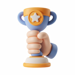 3D Hand Holding Trophy Cup, Winner Award Champion Success Achievement Icon, Isolated on Transparent Background