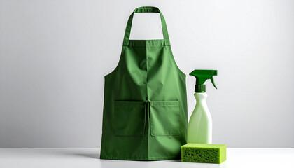 Green apron with eco friendly cleaning tools on white background in minimal style
