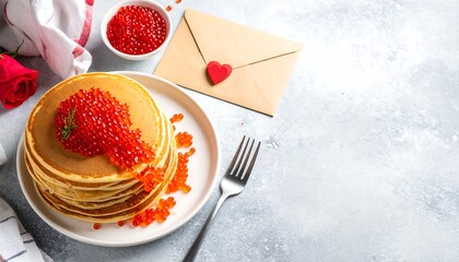 Pancakes with caviar, rose, envelope and fork on a marbled surface