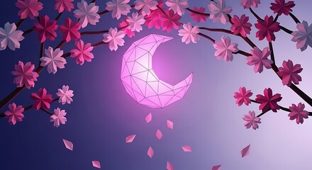 Low poly pink crescent moon with blossoming trees against gradient sky
