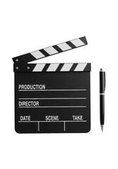 Black matte acrylic movie clapperboard, open, blank engraved lines, and minimalist black pen, isolated on a seamless transparent studio background, professional filmmaking tools concept