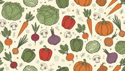 Seamless pattern of hand-drawn colorful vegetables including cabbage, carrots, bell peppers, radishes, onions, mushrooms, and pumpkins on a light background.