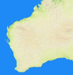 Map of Southwest Australia showing the region with relief representation, rivers, lakes and administrative boundaries. No labels at all.