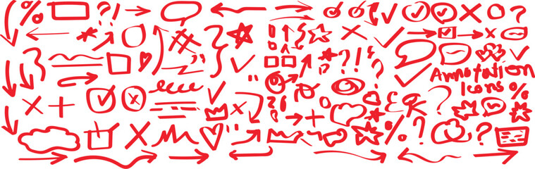 Vector swoosh brush underline set doodle, hand drawn. Collection of hand drawn red arrows and symbols on white background. A chaotic and dense collection of red hand-drawn arrows, checkmarks, question