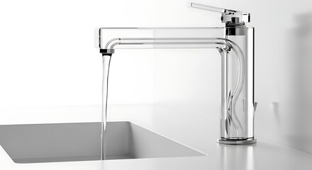 Transparent modern faucet with clear water flowing into a white sink