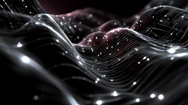 Glowing grid-like waves flowing through a futuristic dark space with luminous particles, perfect for technology background, digital poster