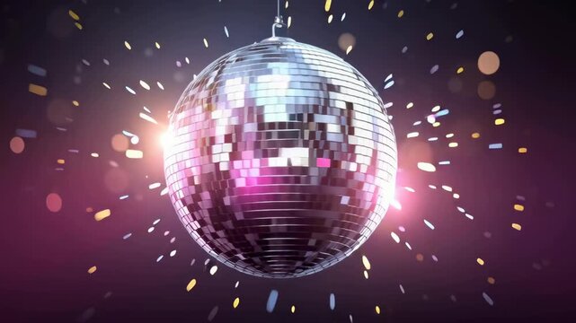 Disco ball spinning with lights Light pink violet laser line.Convivial and celebration concepts
