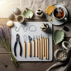 Flat lay of pottery tools and clay for a ceramics workshop. Handmade sculpting craft with tea and lavender. Creative hobby and relaxation concept