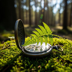 A vintage pocket watch with a fern leaf on mossy ground in a sunlit forest. The concept of time and nature's connection