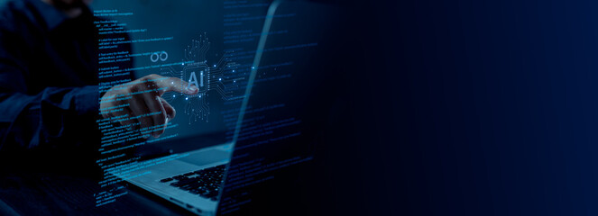 Information technology office scientist uses laptop for ai programming coding software hardware upgrade plan digital logistic datum program developer present hacker