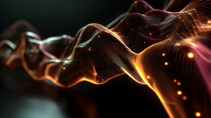 Wavy digital terrain of glowing lines and sparks in golden pink light, perfect for wallpaper, visual identity