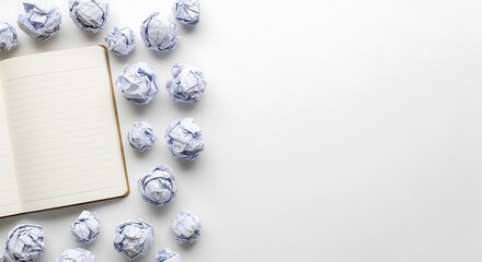 Crumpled paper balls surround a blank notebook on a white surface.