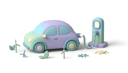 3D cartoon clay pastel electric car connected to a charging station with glowing plug, clean eco-energy concept, isolated on white background.