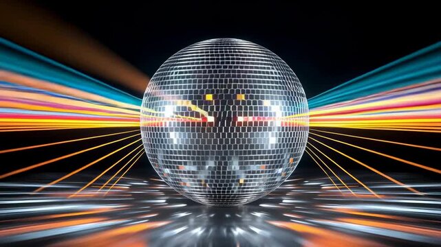 Abstract light gold disco ball spinning with lights laser.convivial and celebration concepts