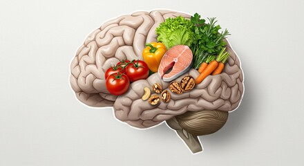 Brain health concept featuring nutritious foods promoting cognitive function and well being