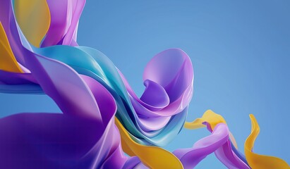 Colorful abstract shape with long smooth flowing ribbon like elements in shades of purple blue and yellow against clear sky background