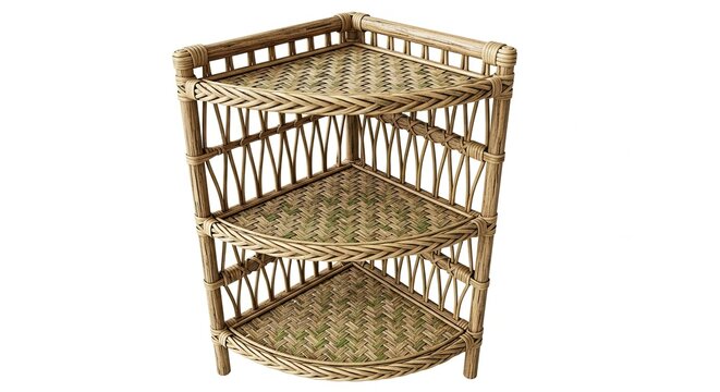 Charming Wicker Corner Shelf Unit with Three Shelves, Perfect for Rustic or Coastal Home D&eacute;cor