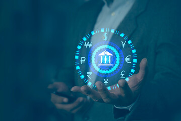 Businessman hand holding global currency concept, money, finance on virtual screen. Dollar, Yuan, Yen Euro, Rupee, Ruble, KRW and pound sterling sign.  Concept about forex currency exchange.