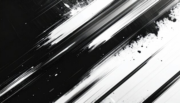 Stark black and white abstract image with bold diagonal lines. Textured brushstrokes and scattered splatters create dynamic visual tension.