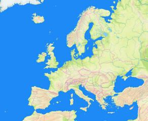 Fototapeta premium Map of Europe showing the region with relief representation, rivers, lakes and administrative boundaries. No labels at all.