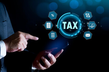 Busines using a smartphone to complete Individual income tax return form online for tax payment. Government, state taxes. Tax time Concept.