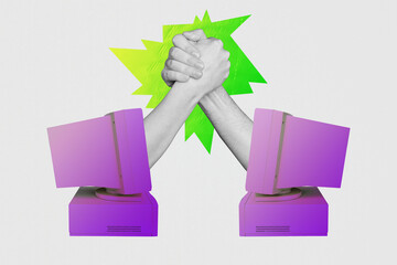 Poster sketch image artwork 3D collage of human resources online technology remote internet job two hands hold together cooperation deal © deagreez