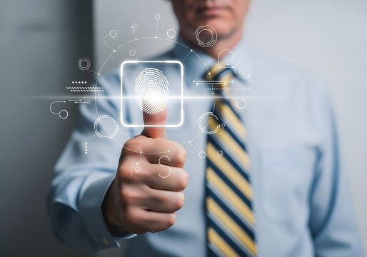 A man in a shirt and tie using a digital fingerprint scanner with glowing futuristic interface elements