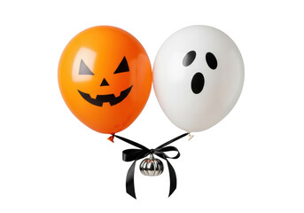 Premium orange jack-o'-lantern and white ghost balloons linked by black satin ribbon & silver pumpkin charm, isolated on transparent, no shadows, floating effect, elegant Halloween product ad concept