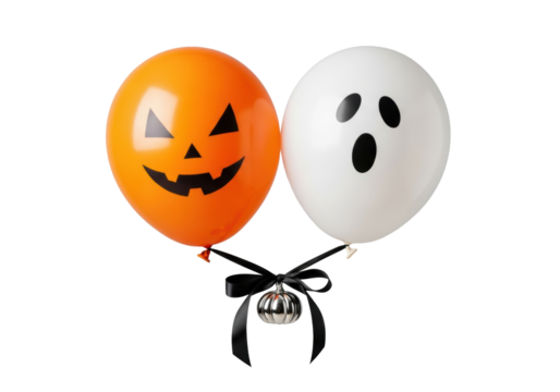 Premium orange jack-o'-lantern and white ghost balloons linked by black satin ribbon & silver pumpkin charm, isolated on transparent, no shadows, floating effect, elegant Halloween product ad concept